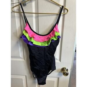 SUNBIRD Swimsuit Small 28 Neon Stretch Built In Bra Colorblock Black VNT 80s 90s